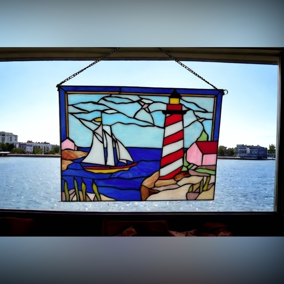 Hanging Rectangle Stained Glass Sailboat Lighthouse Nautical Harbor Scene 16x12” - Picture 1 of 11